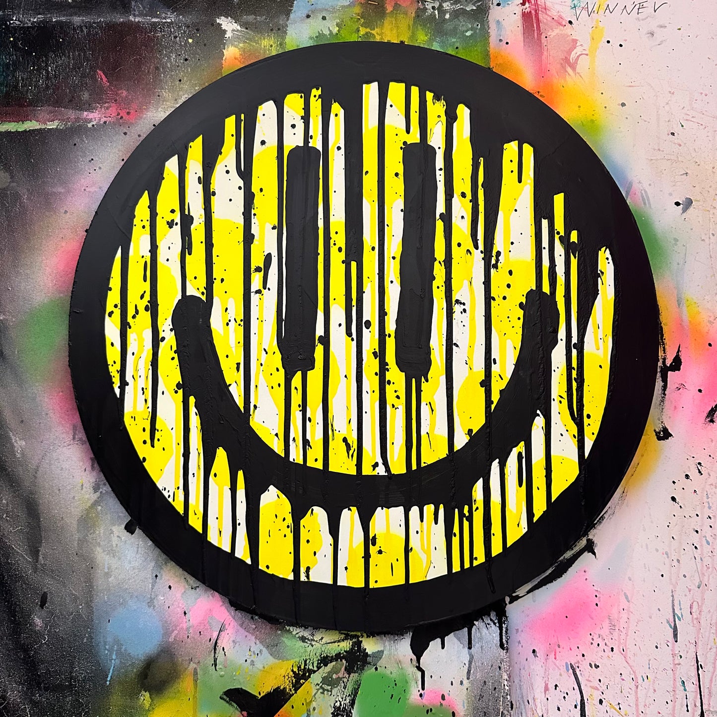 Drippy smiley on yellow polkadots with black splatter on Maplewood cut out