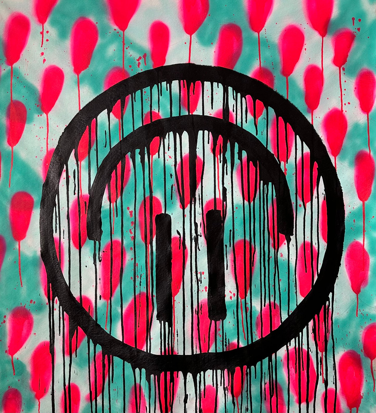 Pink and teal upside down smiley with drips
