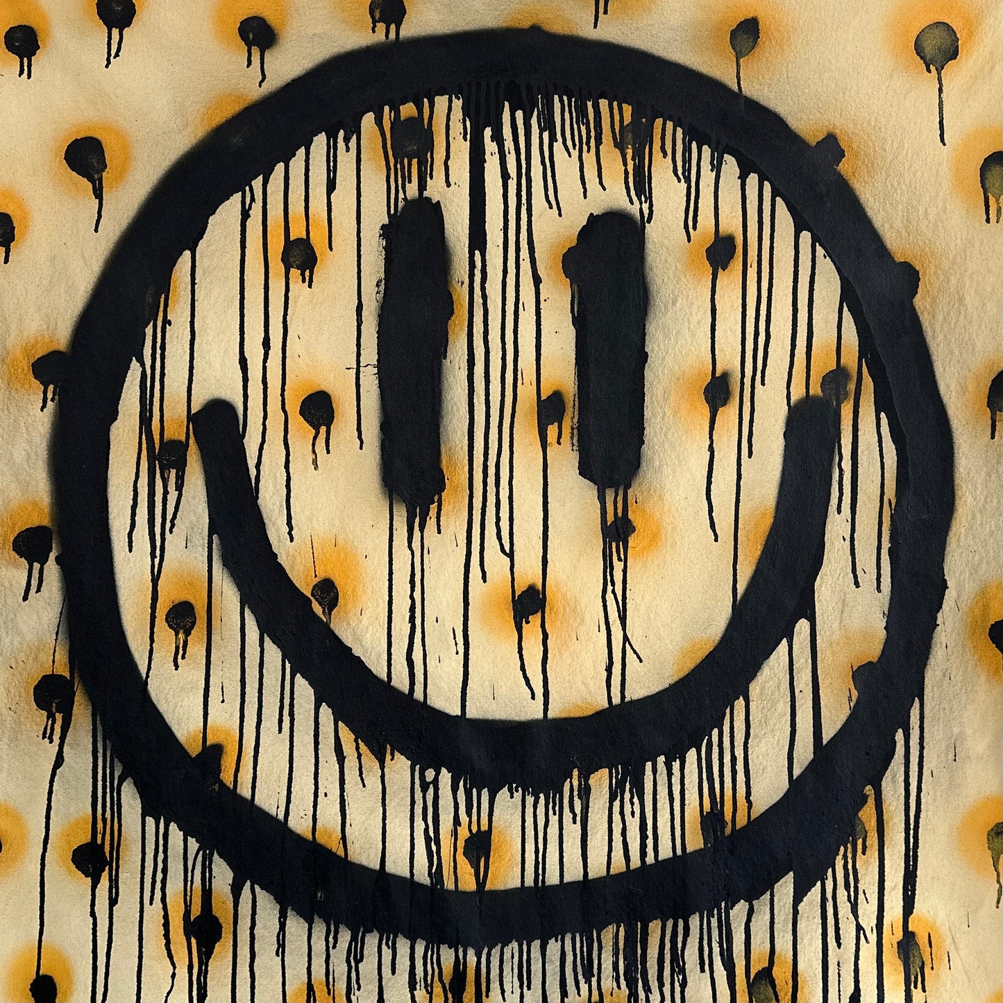 Yellow and black polkadots, drippy smiley