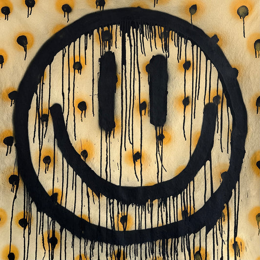 Yellow and black polkadots, drippy smiley