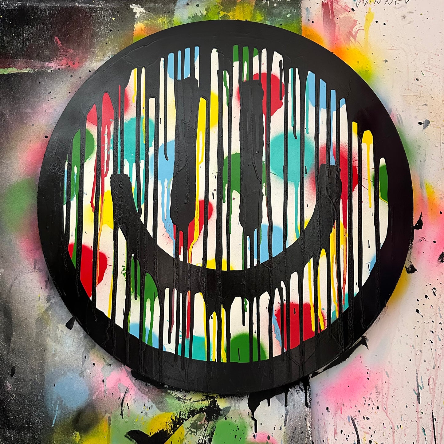 Drippy smiley on colorful polkadots on Maplewood cut out