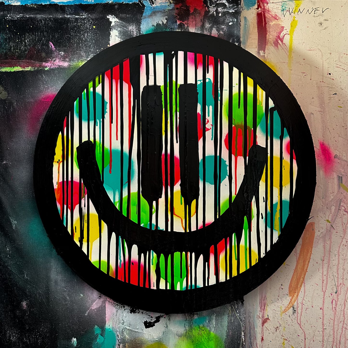 Drippy smiley on colorful polkadots on maple wood circle cutout