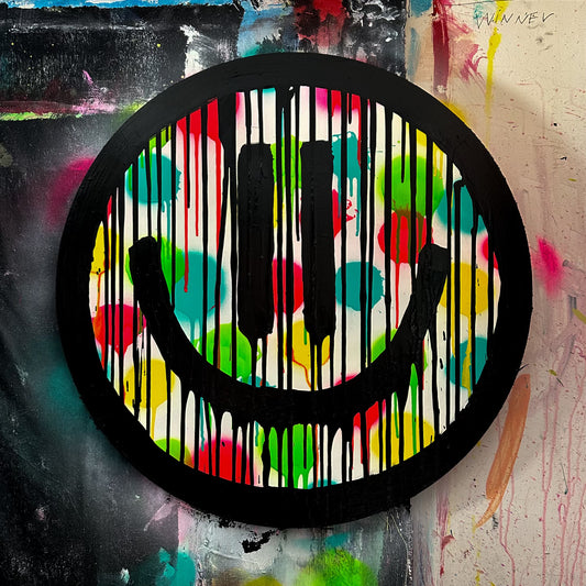 Drippy smiley on colorful polkadots on maple wood circle cutout
