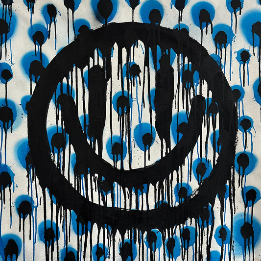 Drippy smiley on Black and blue polkadots