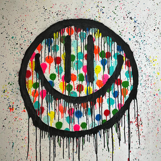 Drippy smiley on drippy, polkadots, and colorful splatter on white