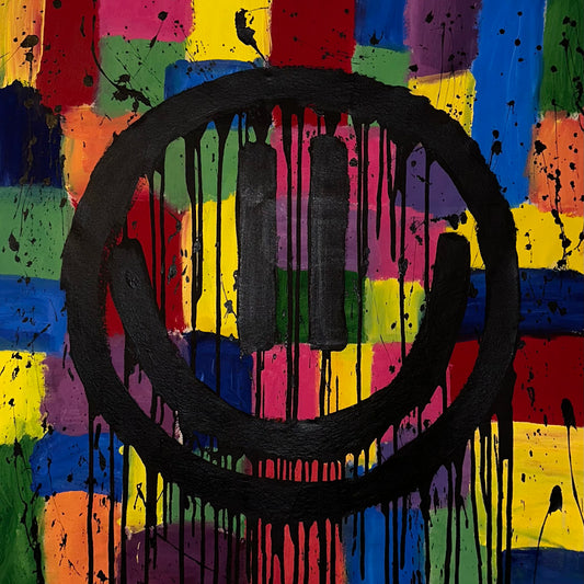 Drippy smiley on colorful grid