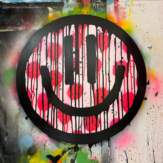 Drippy smiley on pink polkadots with black splatter on Maplewood cut out