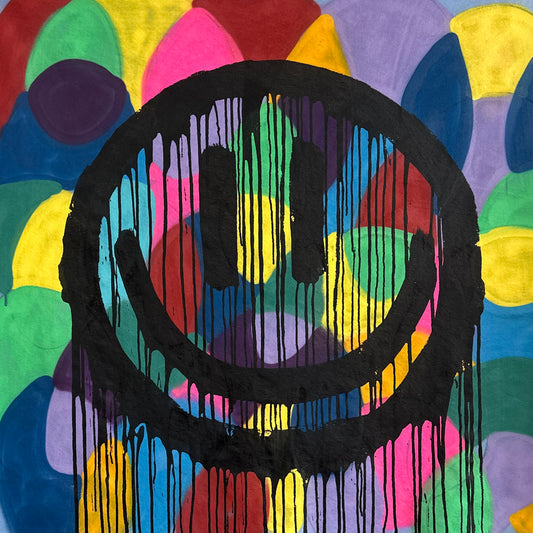 Drippy smiley on light purple with color