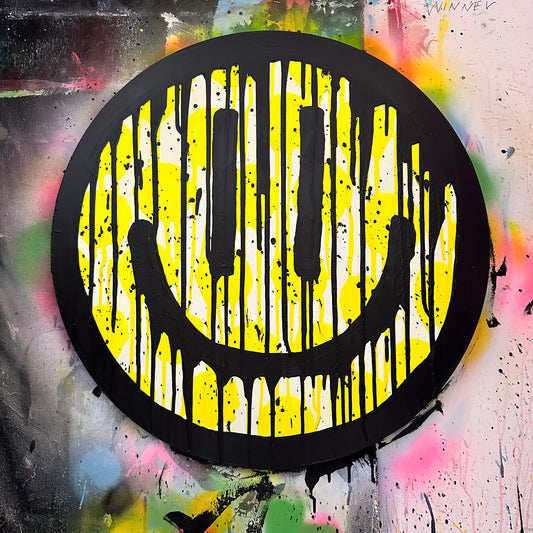 Drippy smiley on yellow polkadots with black splatter on Maplewood cut out