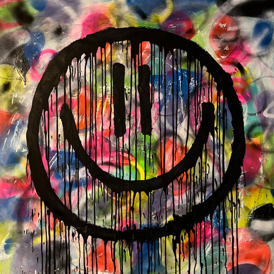 Drippy smiley on abstract color