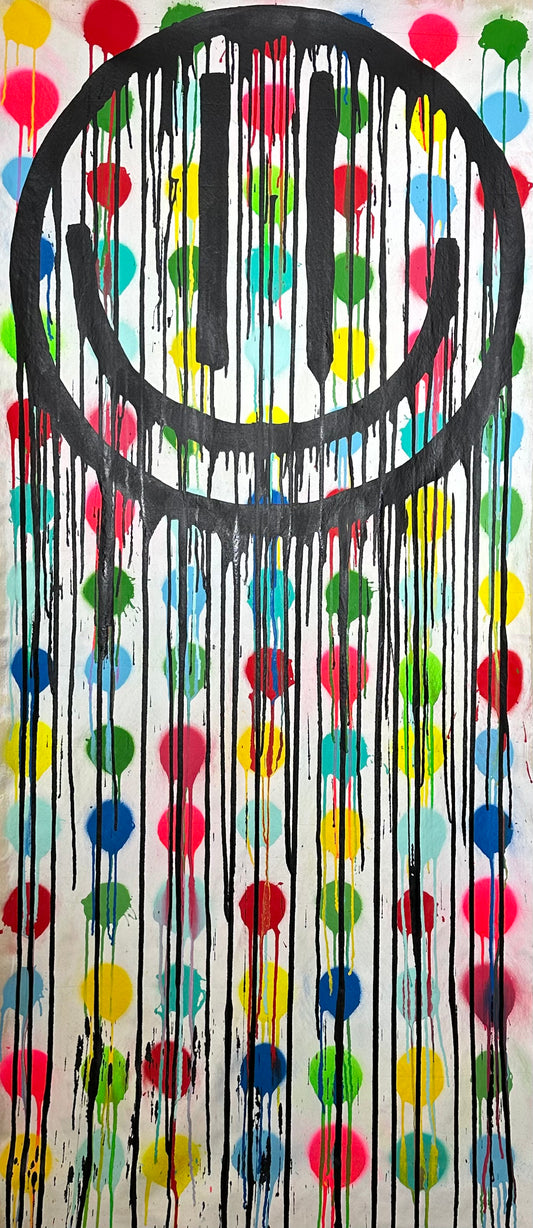 Long black drippy smiley on colorful, drippy polkadots
