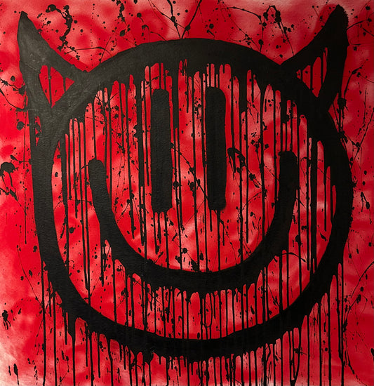 Naughty smiley on red with black splatter