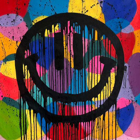 Colorful smiley on pink with drips