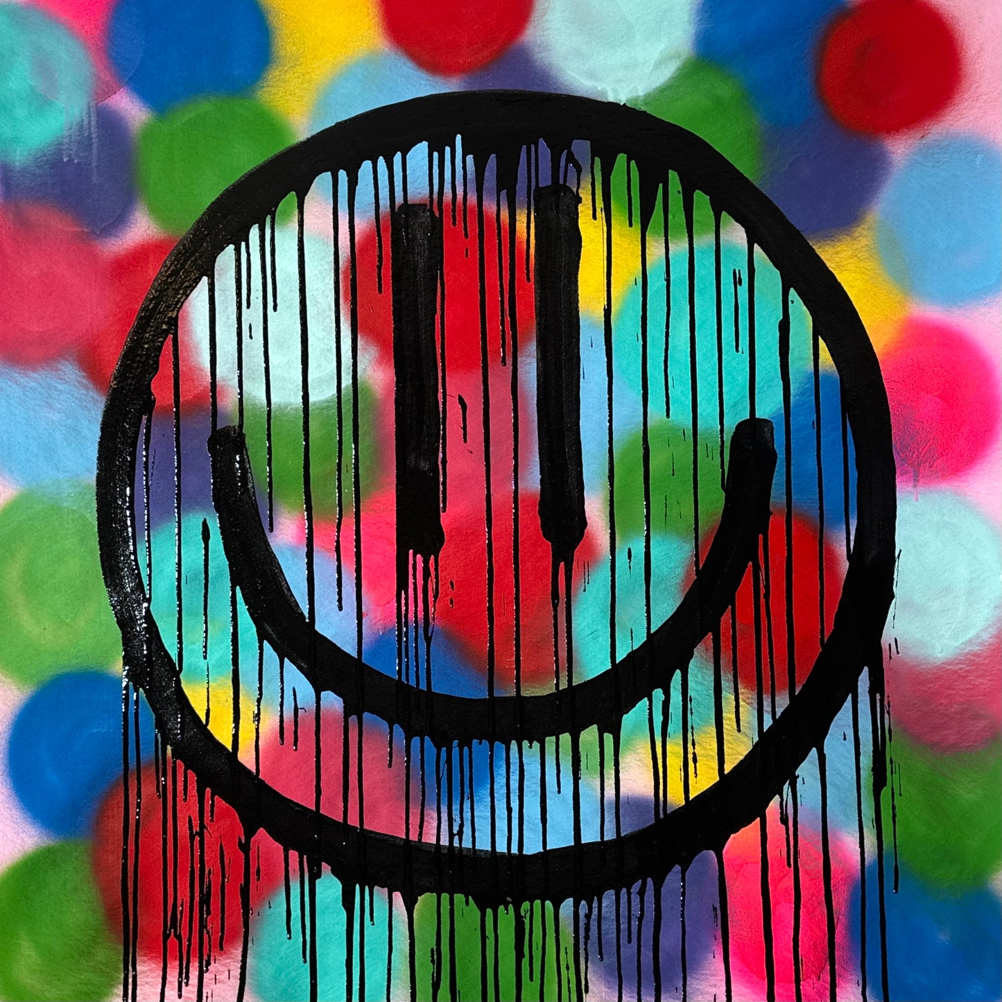 Black, trippy, smiley, arm, colorful circles