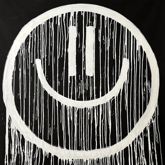 White drippy smiley on black